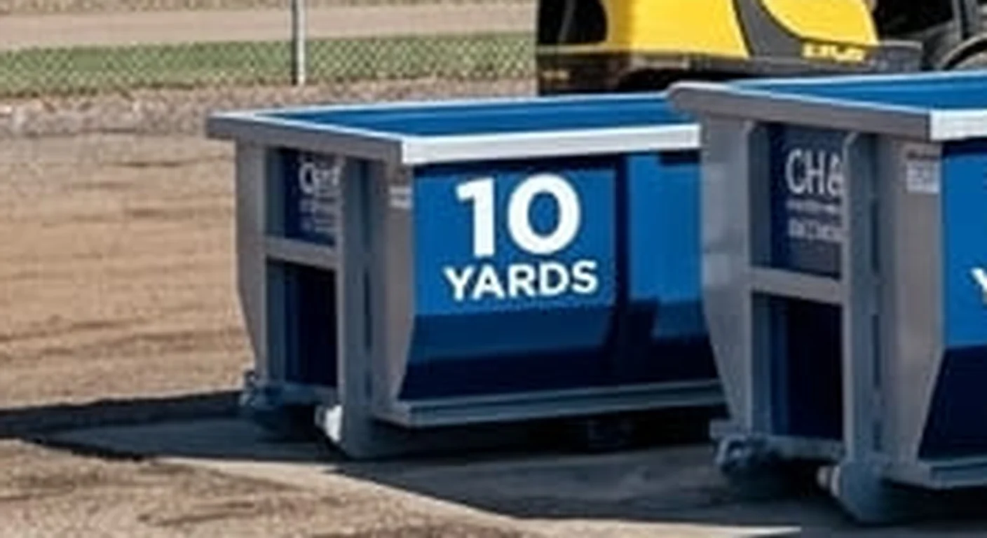 A clean, correctly-labeled 10 yard CHA Dumpster Rental Eau Claire roll-off container staged at the company yard, part of a five-container size lineup