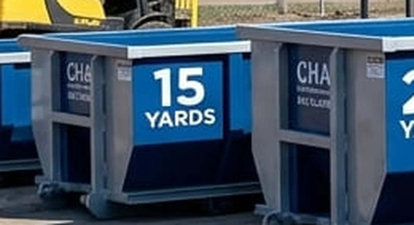 A clean, correctly-labeled 15 yard CHA Dumpster Rental Eau Claire roll-off container staged at the company yard, part of a five-container size lineup