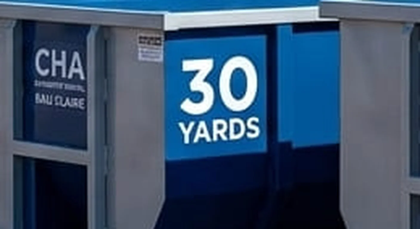 A clean, correctly-labeled 30 yard CHA Dumpster Rental Eau Claire roll-off container staged at the company yard, part of a five-container size lineup