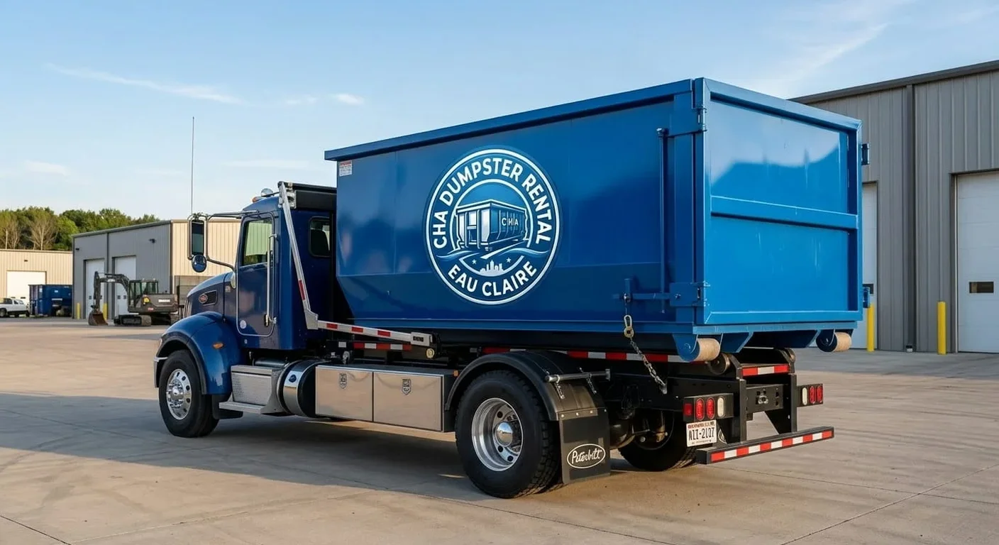 A CHA Dumpster Rental Eau Claire roll-off dumpster truck delivering a container for a commercial job