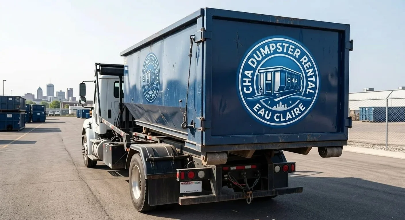 A CHA Dumpster Rental Eau Claire blue dumpster truck staged at the company yard