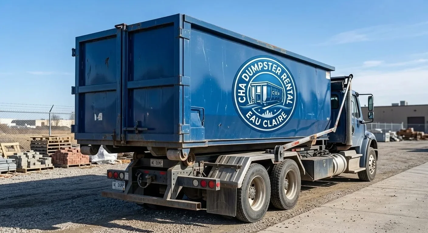 A CHA Dumpster Rental Eau Claire company truck staged at the yard, ready for a construction-site delivery