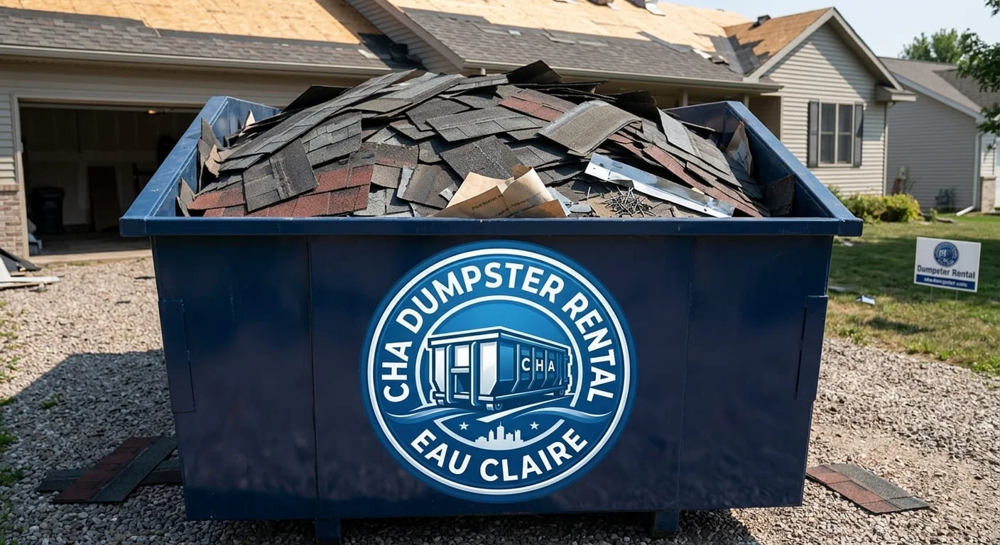 A CHA Dumpster Rental Eau Claire dumpster filled with real roofing tear-off debris in front of a home