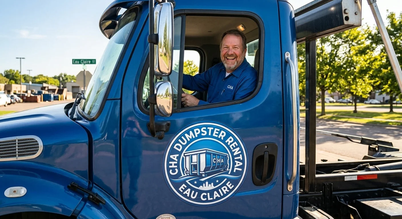 Dumpster Delivery Service - Eau Claire, WI A CHA Dumpster Rental Eau Claire driver smiling from the cab of a delivery truck, ready for a delivery run