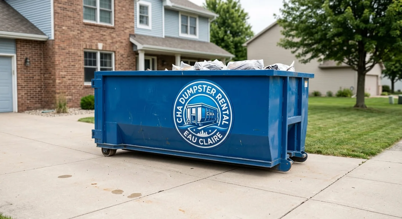A CHA Dumpster Rental Eau Claire blue roll-off dumpster staged on a residential driveway