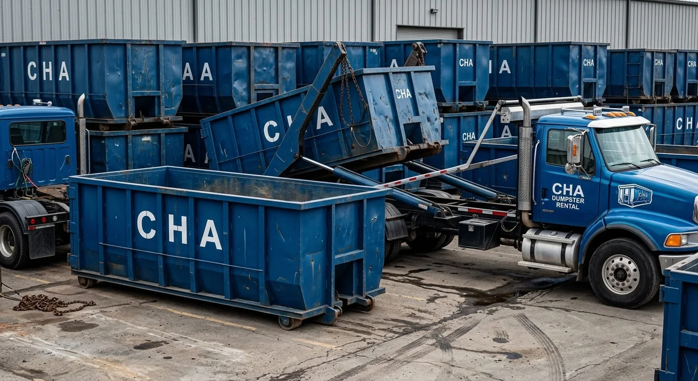Part of the CHA Dumpster Rental Eau Claire fleet, staged and ready for a job near Augusta, WI