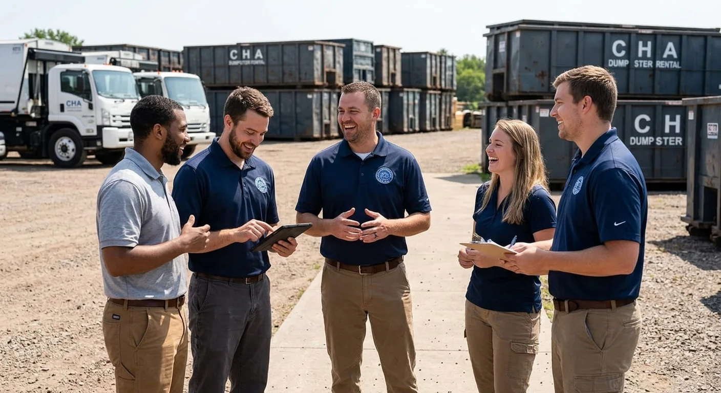 CHA Dumpster Rental Eau Claire crew members talking together at the company dumpster yard during an estate cleanout project