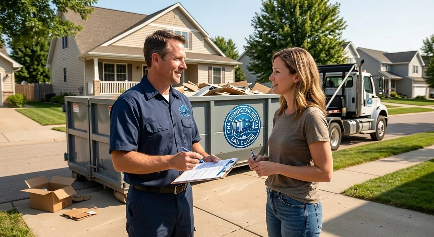 A CHA Dumpster Rental Eau Claire driver talking with a homeowner beside a delivered dumpster during a junk-removal job