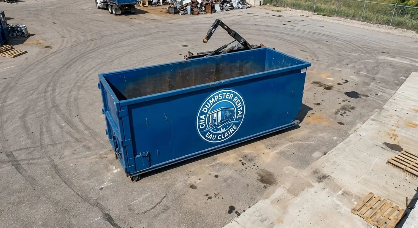 A CHA Dumpster Rental Eau Claire roll-off dumpster staged and ready for drop-off in Lake Hallie, WI