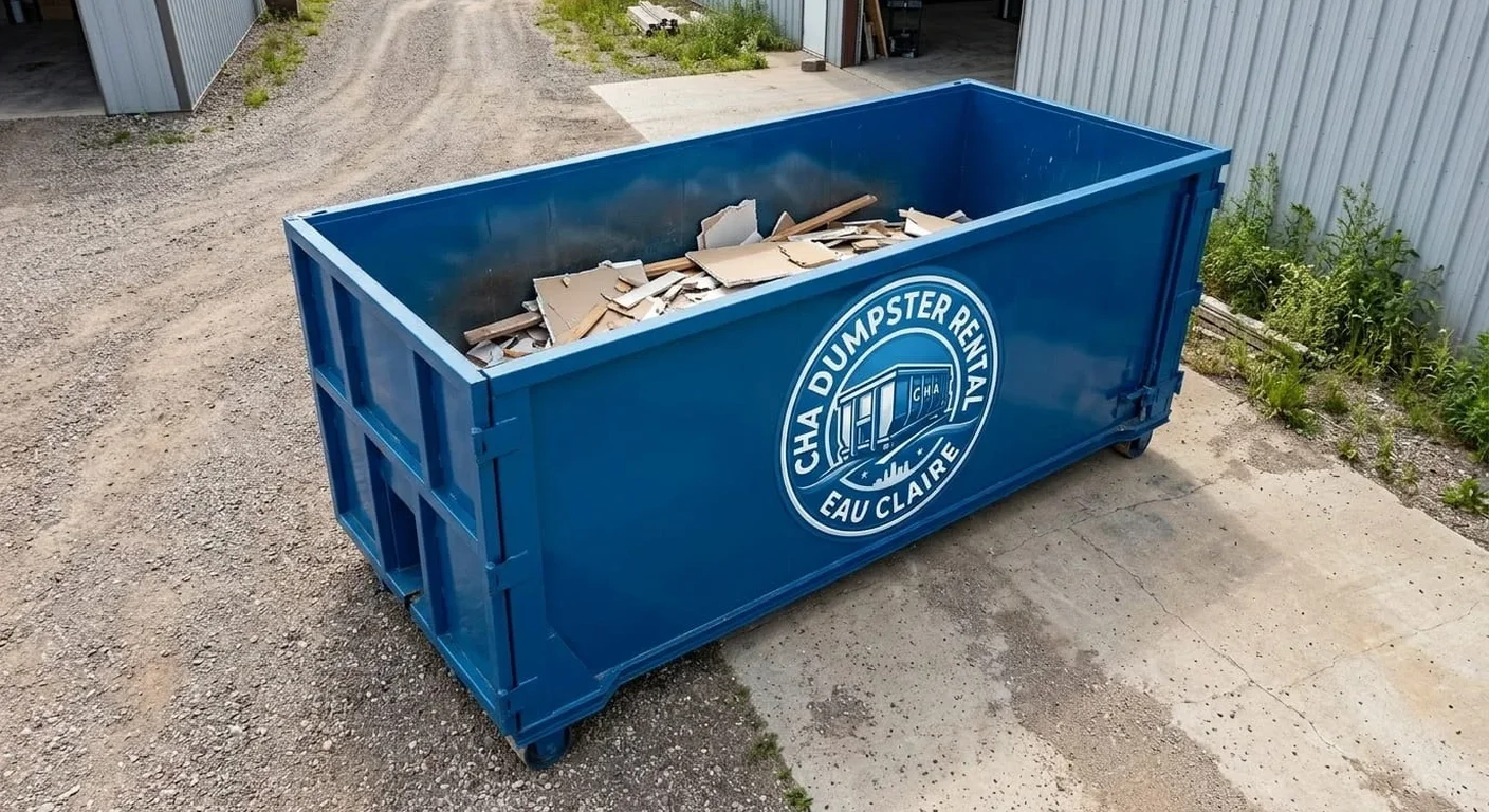A CHA Dumpster Rental Eau Claire blue dumpster staged on a driveway, ready for a yard-waste and seasonal cleanup